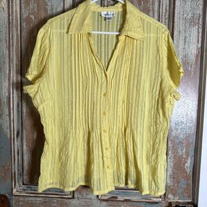 Coldwater Creek Yellow Embroidered Short Sleeve Cotton Top L Button Up Light